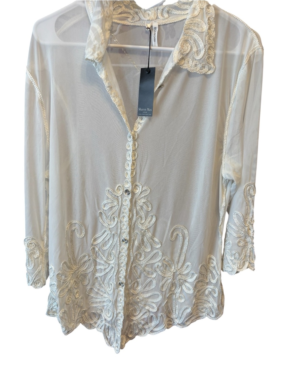 Ivory Embroidered Sheer Button-Down Blouse